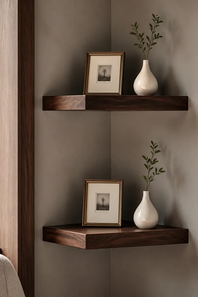 Two slim floating corner shelves in warm walnut finish