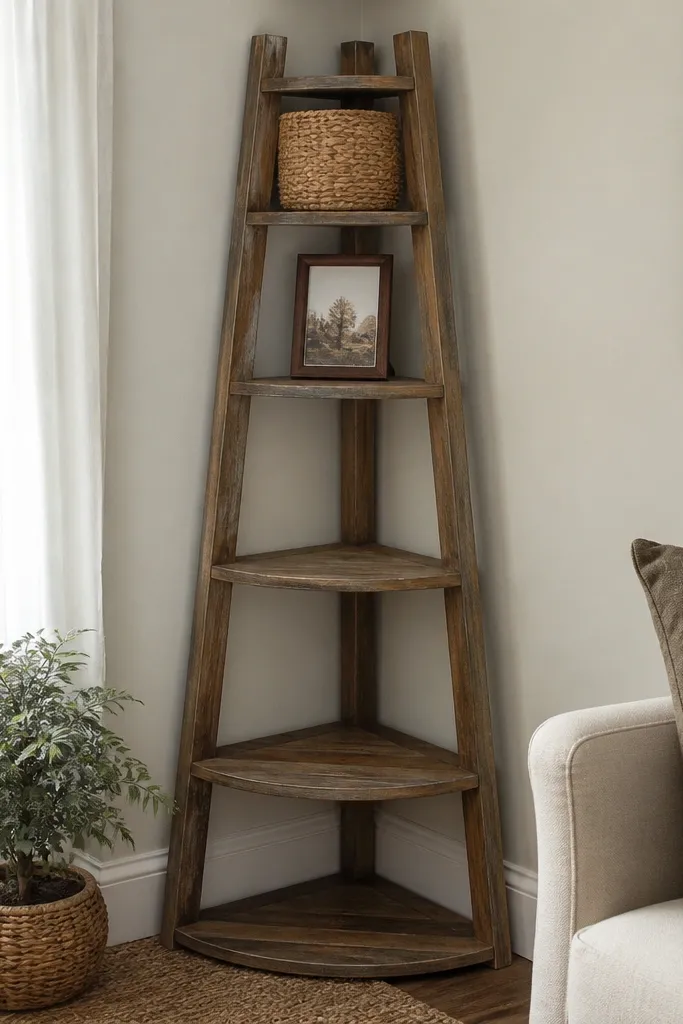 Rustic ladder-style corner shelf with wide bottom and stepped tiers