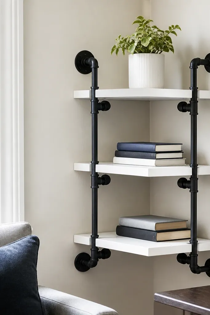 Black pipe corner brackets holding white wood shelves