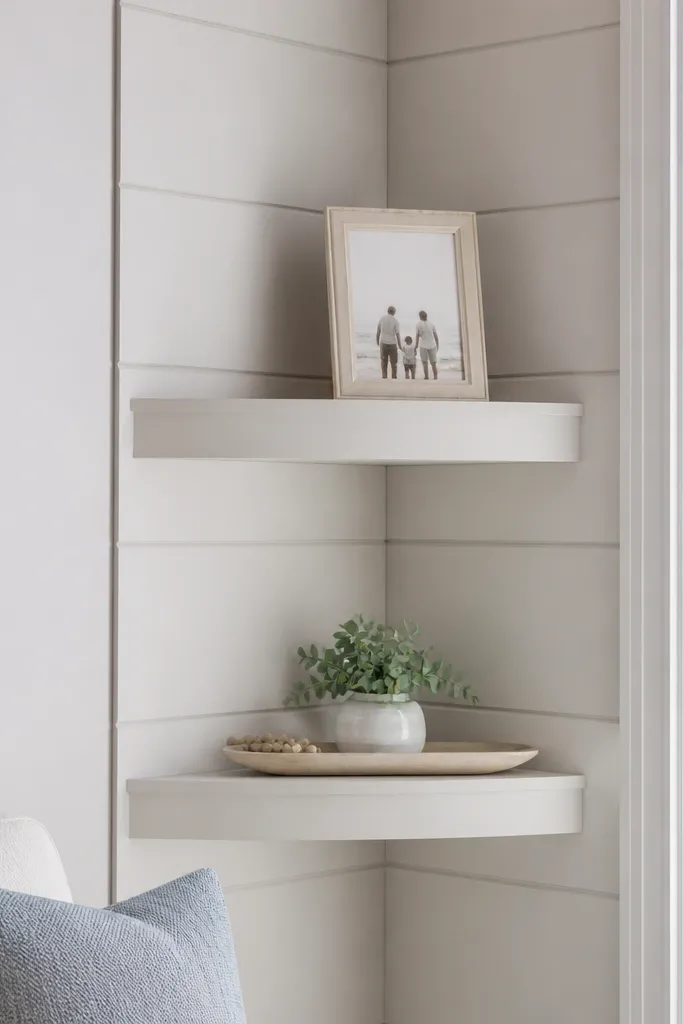 Corner shelves with faux shiplap texture and painted finish