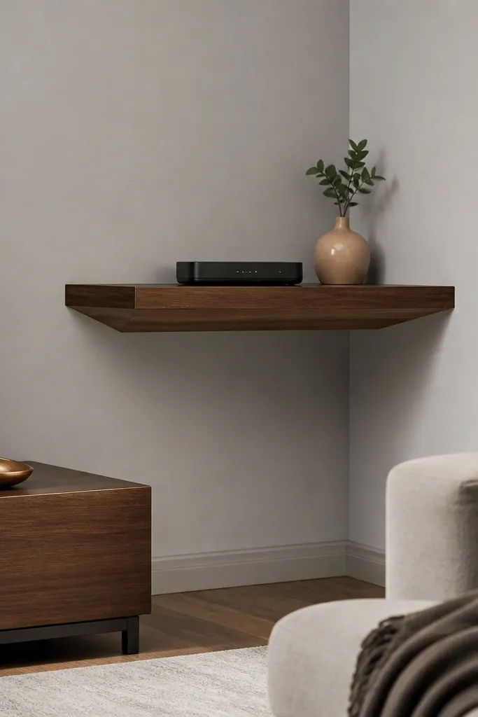 Corner floating shelves with a hidden cable path behind the back edge