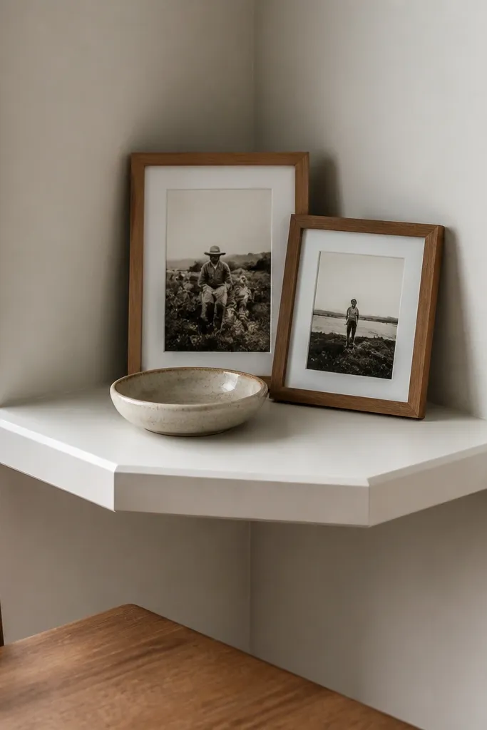 Thick-edged corner shelf with a chamfered front for a crisp shadow line