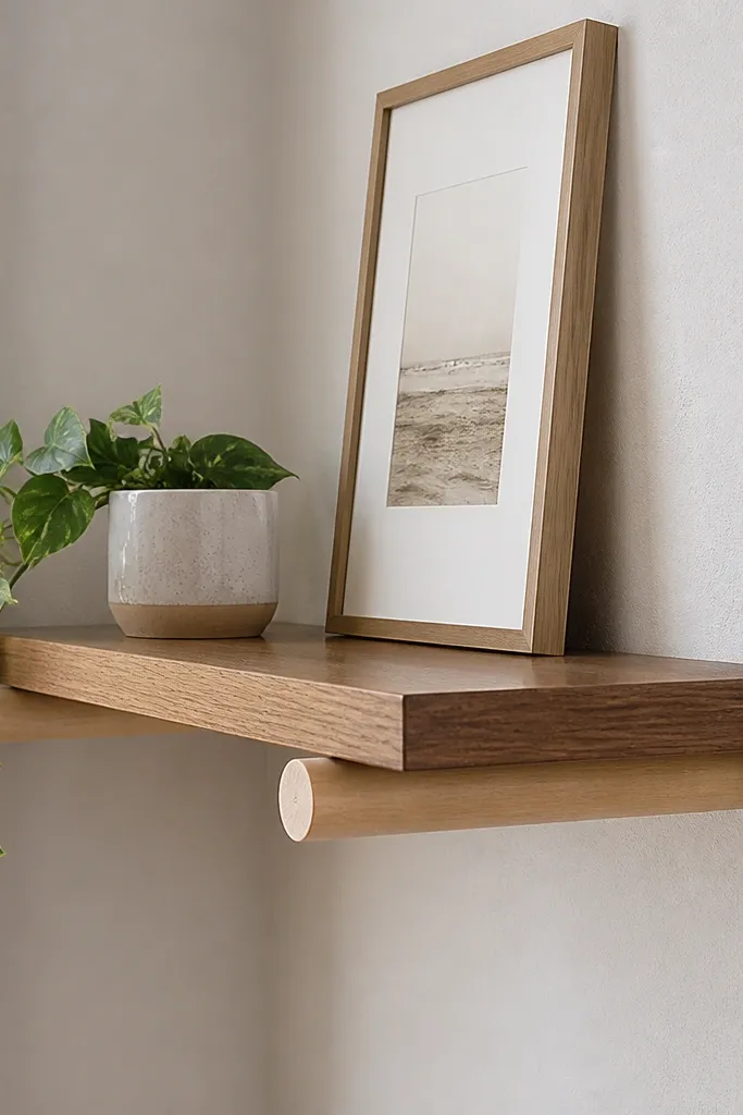 Corner shelf supported by small round pegs with a clean floating profile