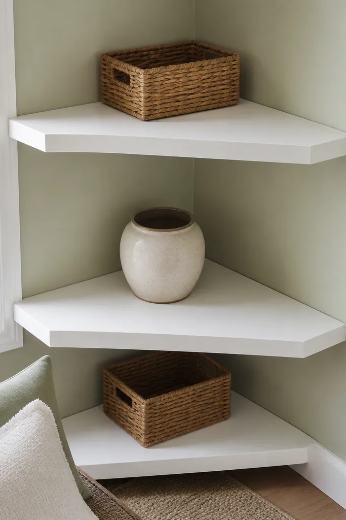 Matte shelves in a chalky white finish with minimal decor