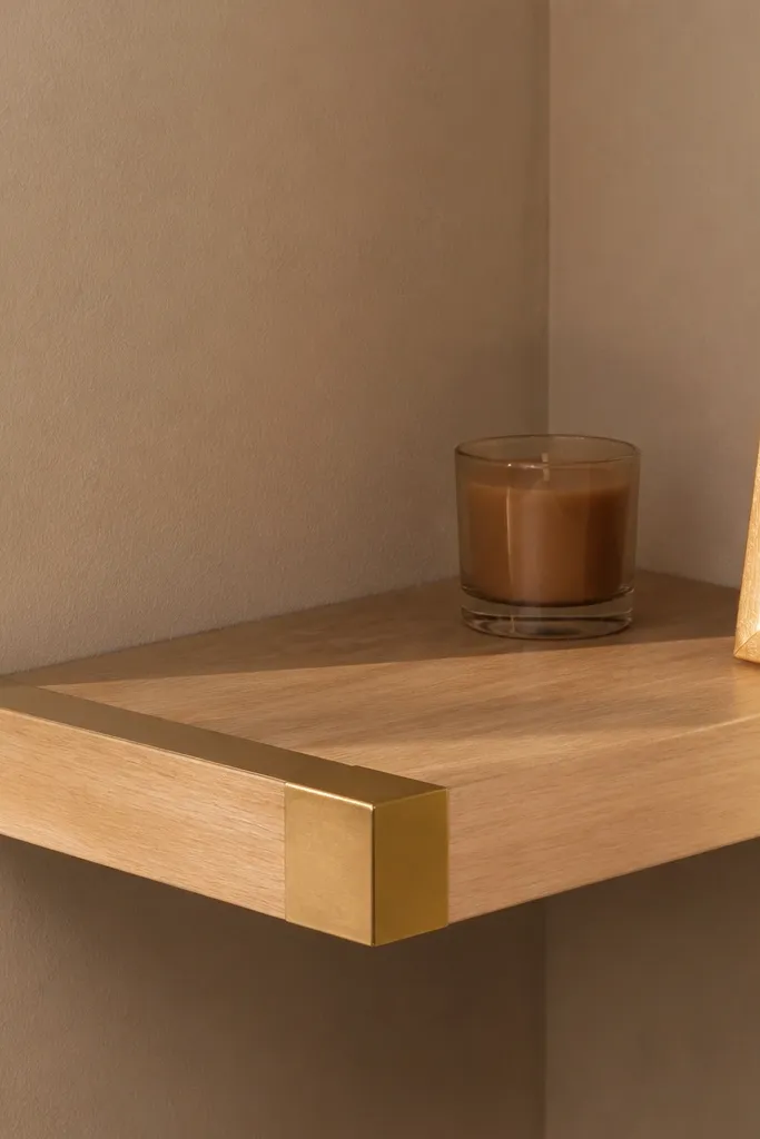 Light wood corner shelf with small brass blocks at the corner joint