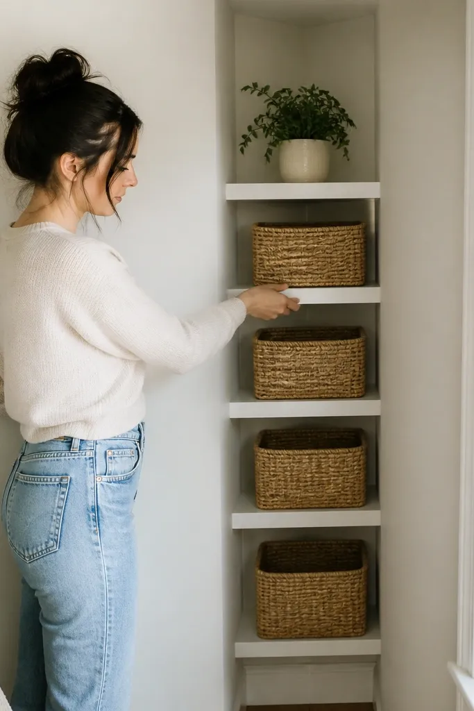 Narrow corner shelves with baskets that fit cleanly under the shelf lip