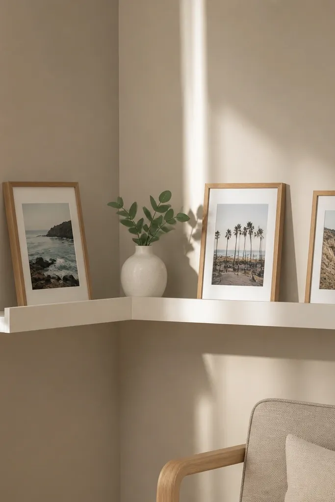 Corner shelf with a long front rail for photos and small frames