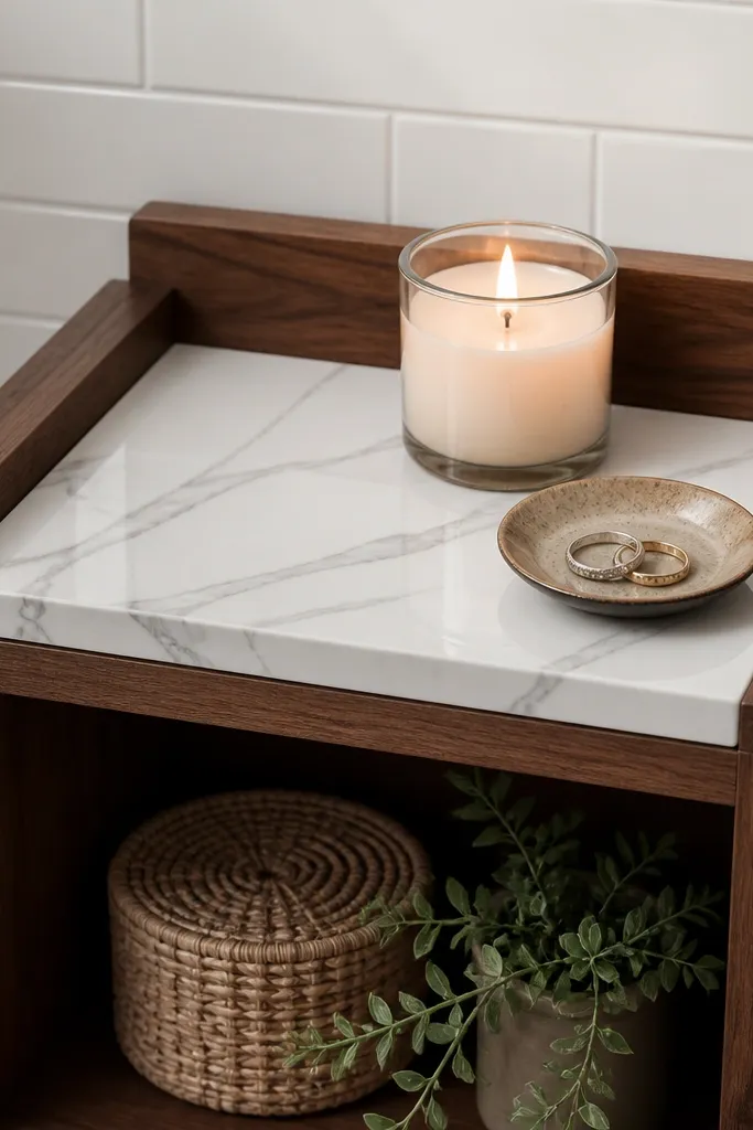 Walnut corner shelf with small marble-look tile squares on the top