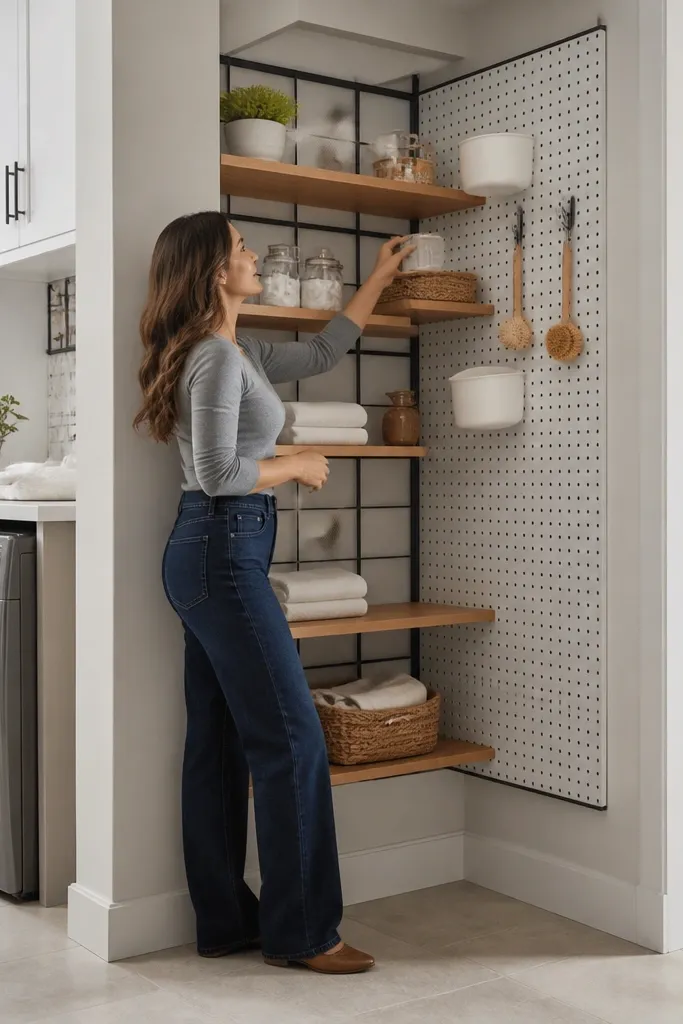 Corner shelves with a pegboard back and small dish hangers