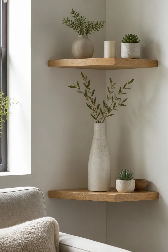 Corner shelves framed with open space between two tiers