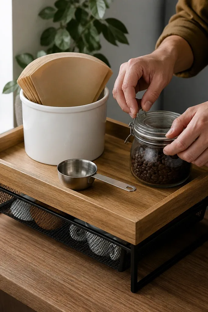 Light wood tray on caster wheels with a metal mesh shelf underneath and jars on top