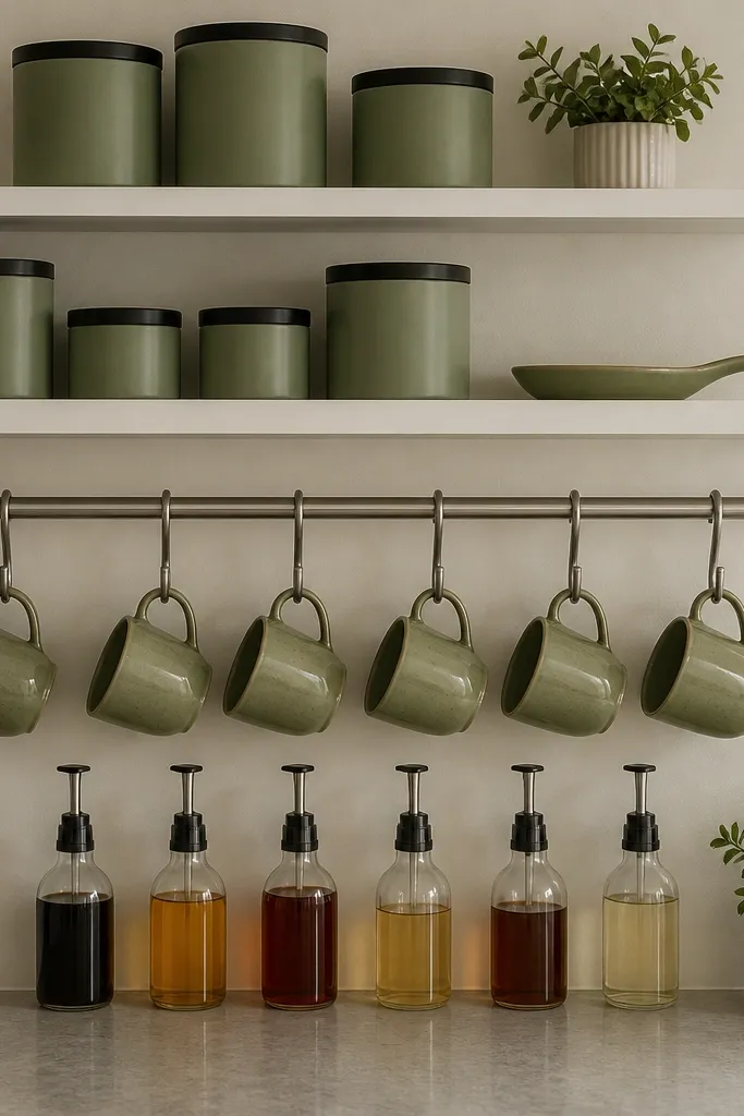 Black wall rail holding hooks with two small shelves and jars lined up underneath