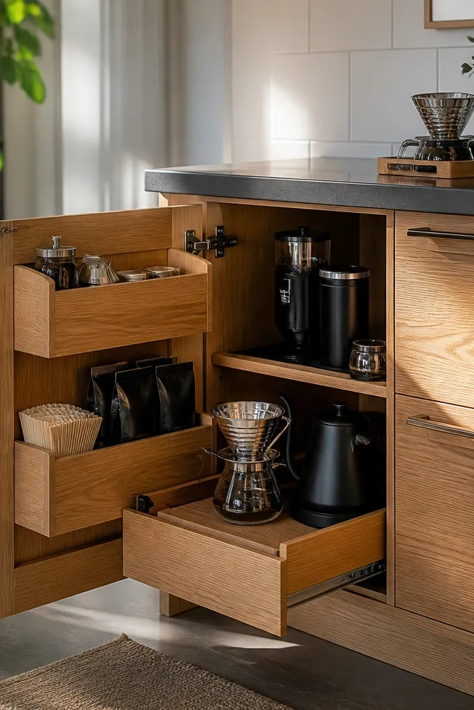 Over-the-door organizer with small bins and hooks, holding coffee filters, spoons, and mugs
