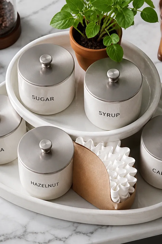 White ceramic tiered tray with lidded sugar jar, syrup bottles, and a small spoon rest