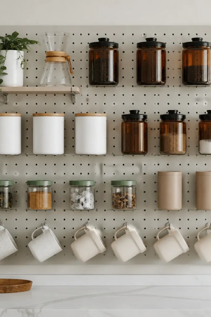 Light pegboard with hooks for mugs, shelves for canisters, and a small paper towel holder