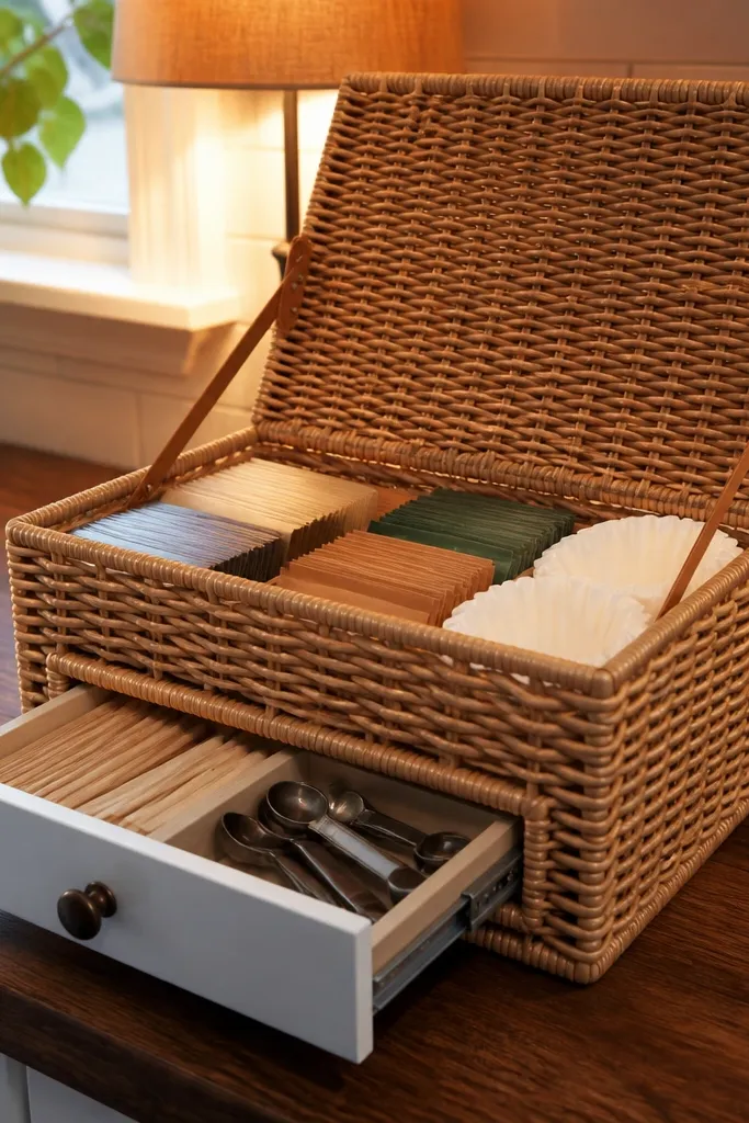 Woven lidded basket on a tray with a pull-out insert holding coffee tools and packets