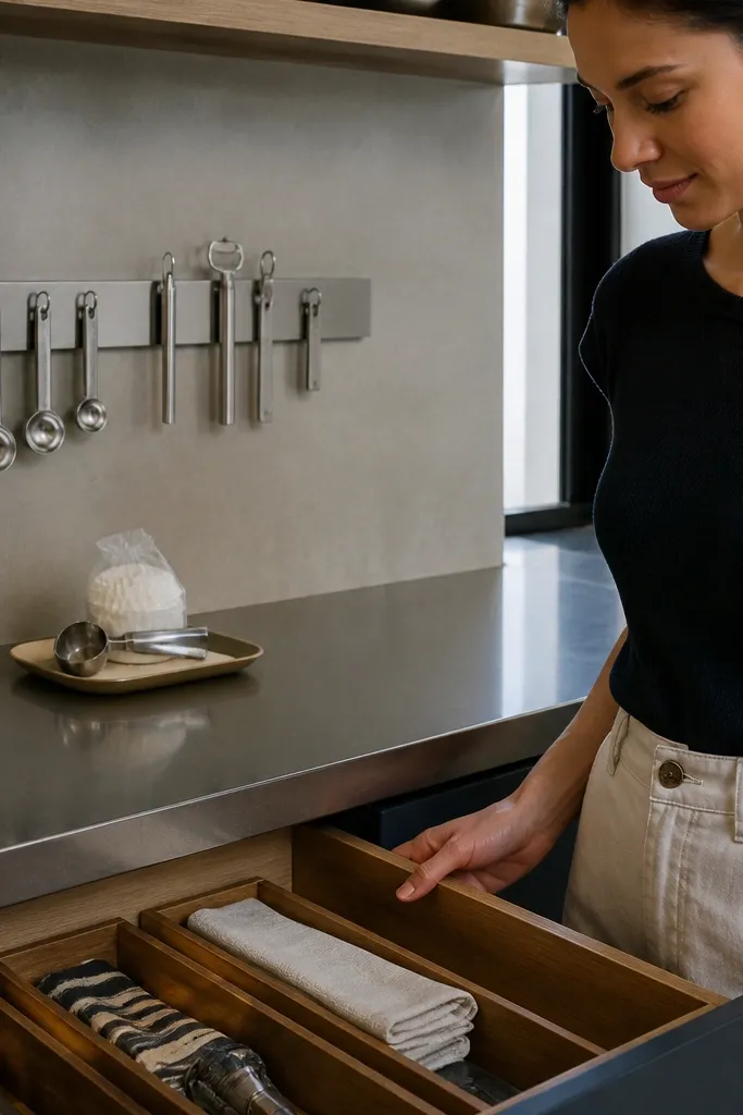 Magnetic strip on the backsplash holding measuring spoons and a small coffee scoop