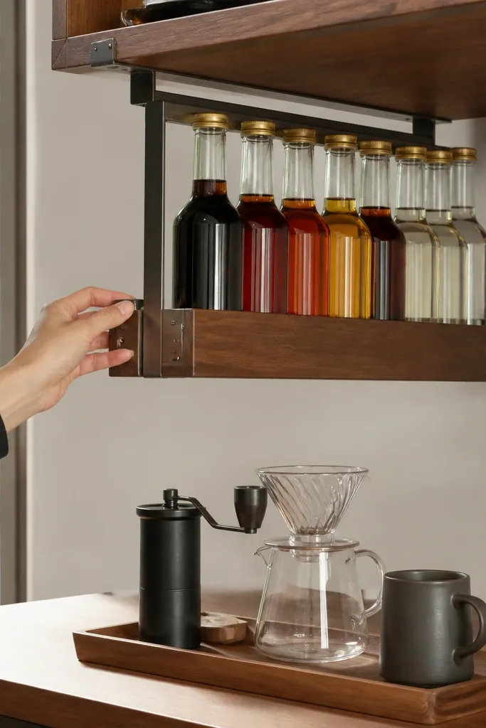 Swing-out rack under a shelf holding syrup bottles, with a small counter tray below