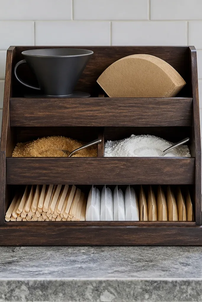 Wood or bamboo drawer organizer with three sections on a tray, holding filters, spoons, and syrups