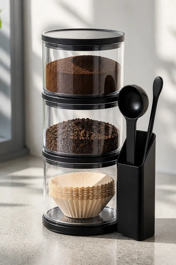 Stack of clear canisters with black lids next to a slim tray holding stir sticks and a spoon