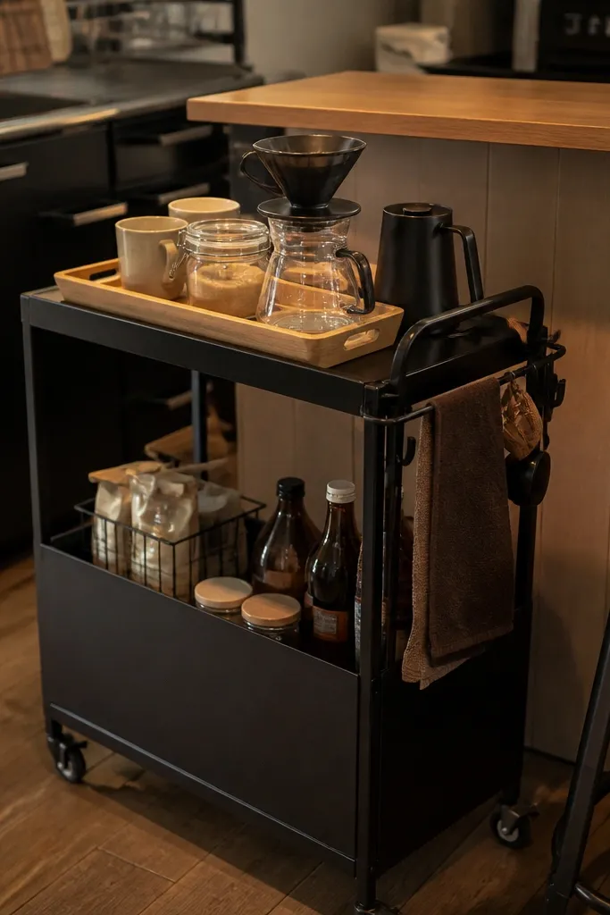 Compact bar cart with coffee canisters on top and a rear shelf for extra filters