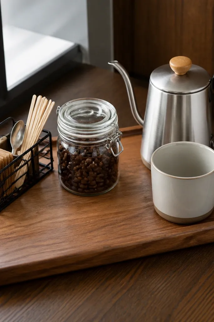 Wood cutting board used as a coffee tray with a corner organizer for spoons and packets