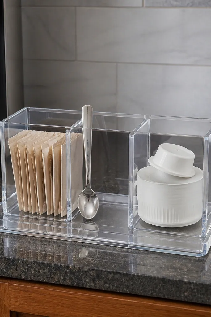 Clear acrylic organizer box on a tray with compartments for packets, spoons, and napkins