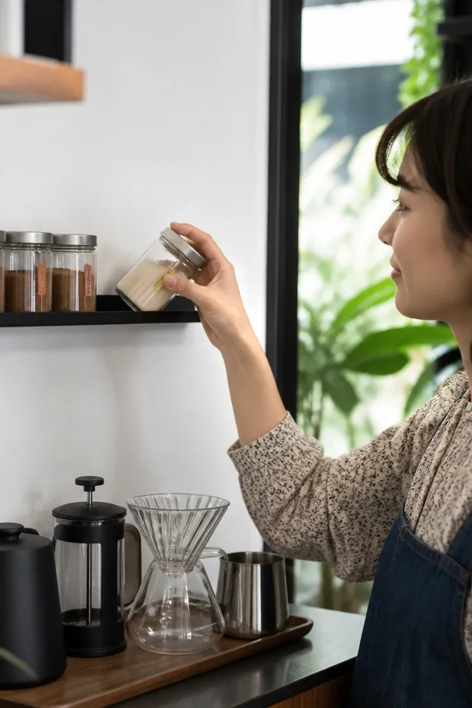 Small wall shelf holding magnetic spice jars lined in a row with a counter tray below