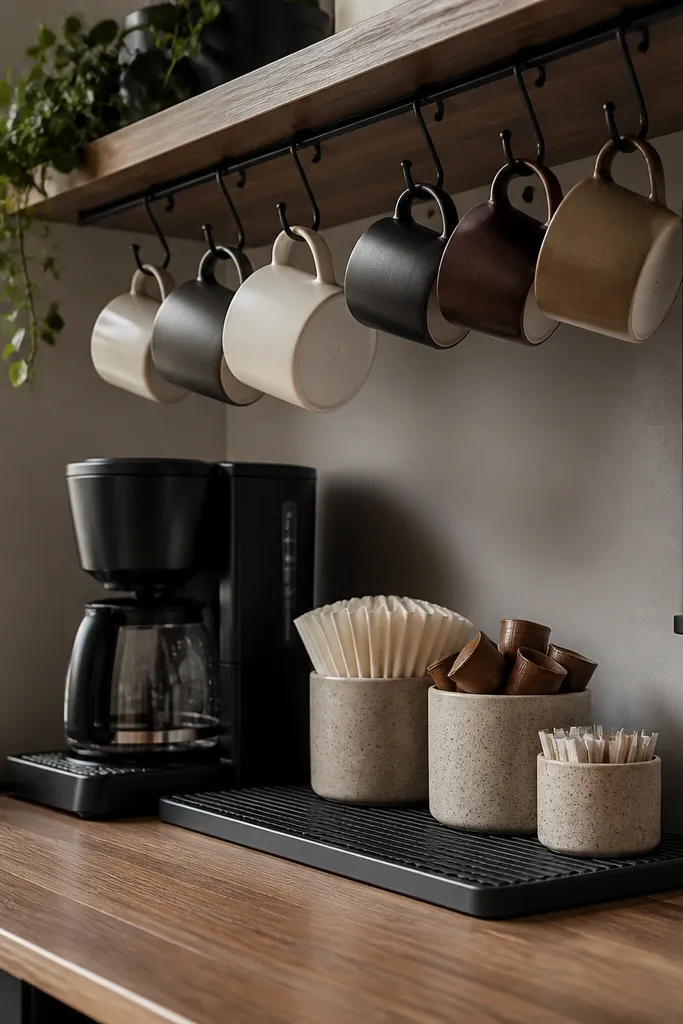 Under-shelf rack with mugs hanging, plus a vertical paper towel holder next to canisters