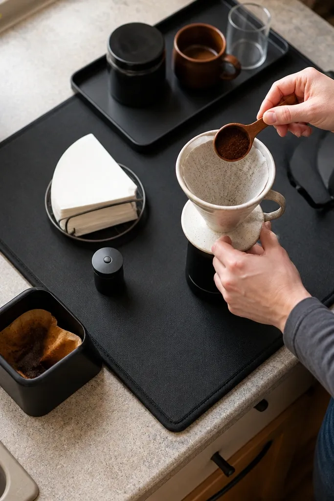 Mat centered on counter with a matching tray holding brewer, filter pack, and small jars