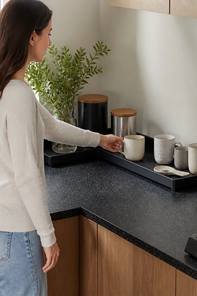 Coffee items arranged in a corner on an L-shaped tray divider with canisters and mugs