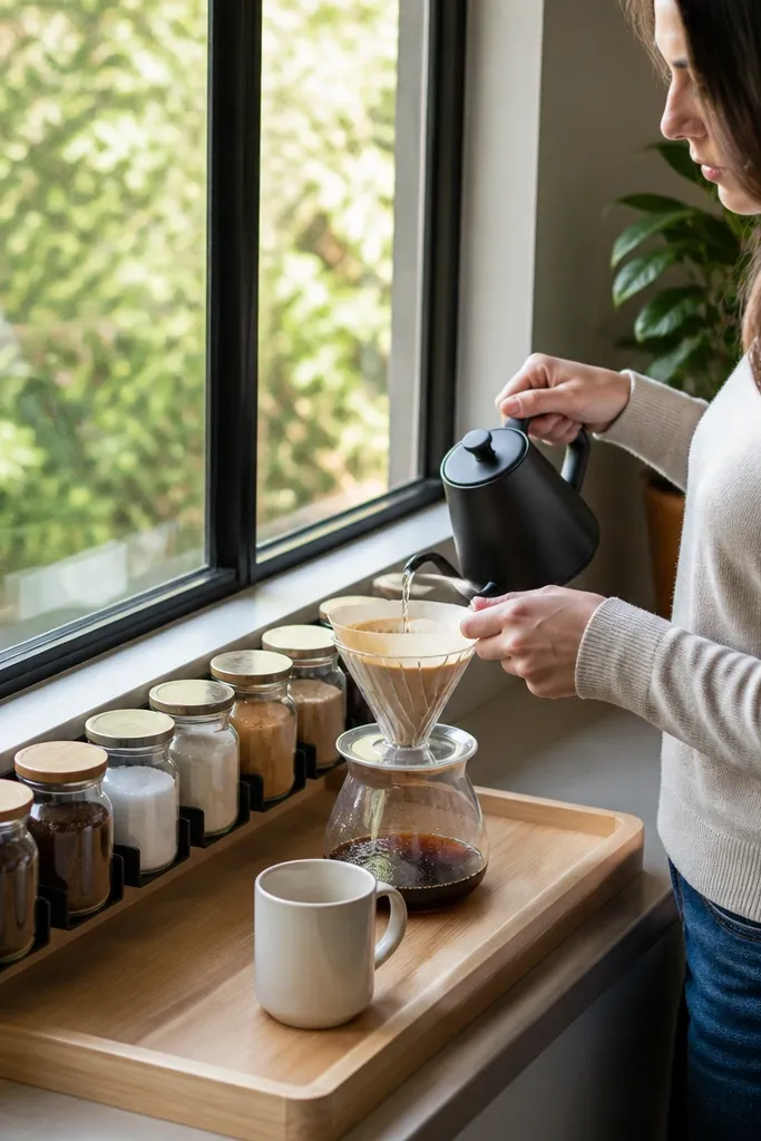 Coffee canisters on a window sill with clip-on racks holding small jars and hooks for spoons