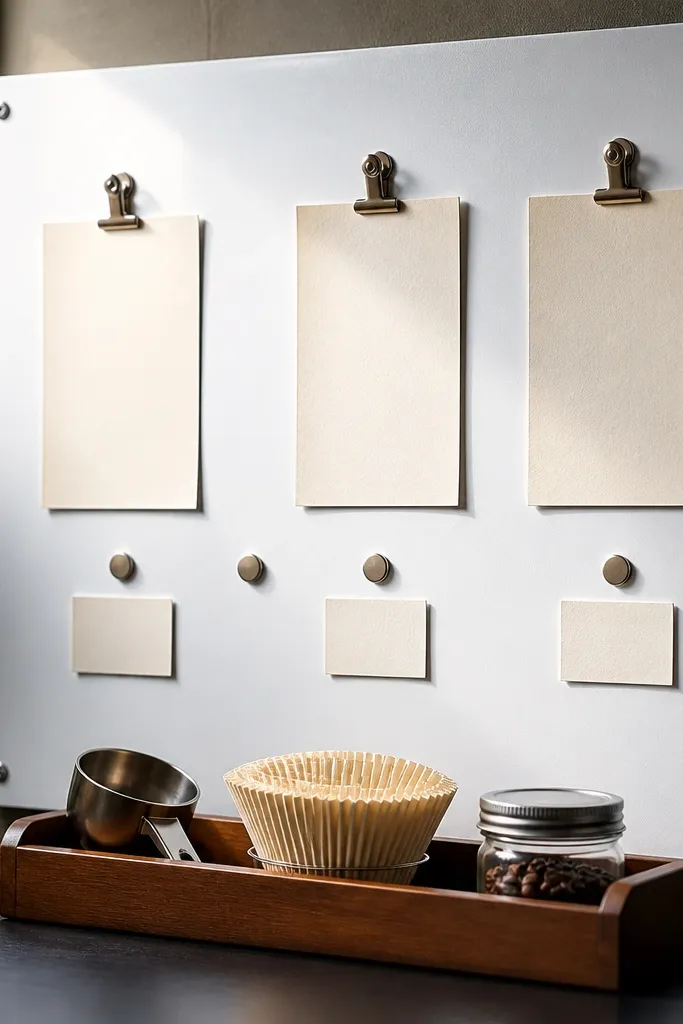 Small magnetic whiteboard panel behind a coffee tray with labeled cards and canisters in front