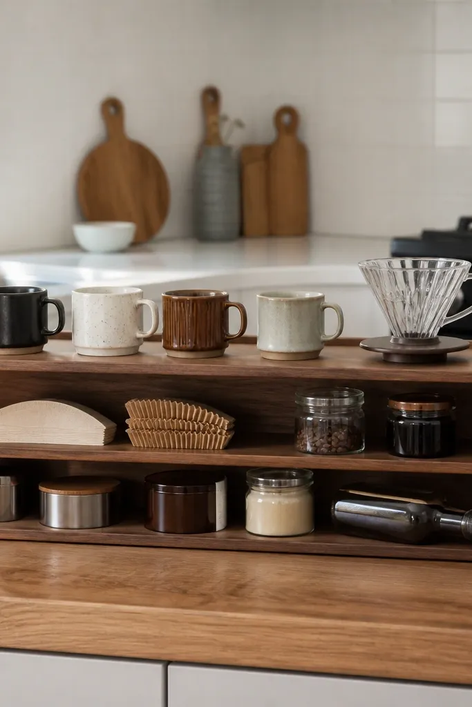 Short shelf unit with two flat trays, canisters on top and lidded containers on the lower tray