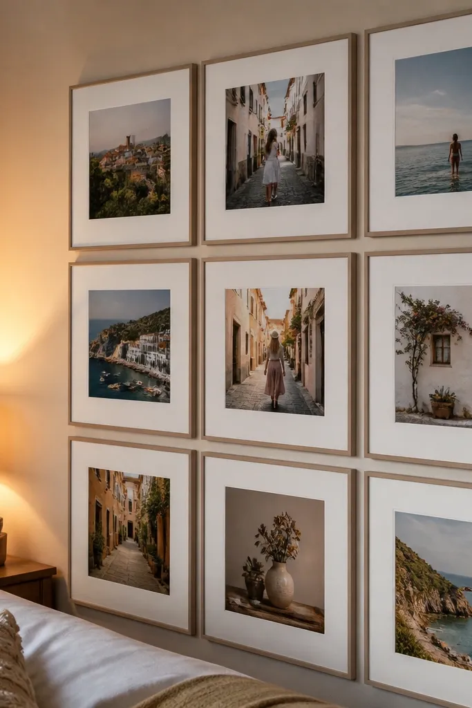 Polaroid-style photos in white paper mats arranged in a tidy grid