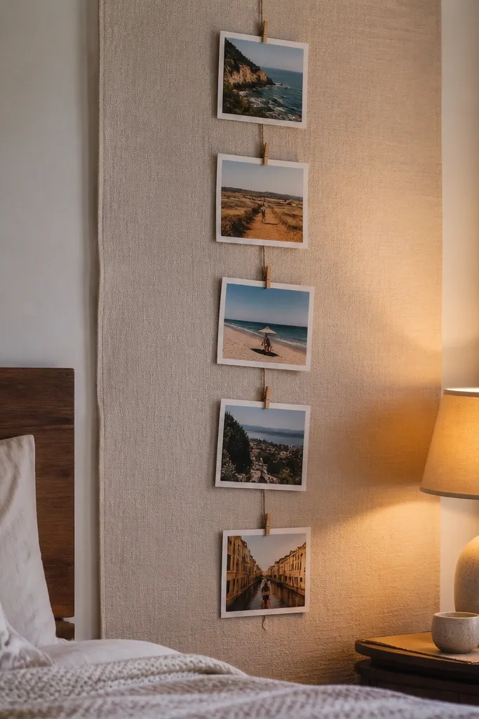 Linen fabric panel with small clothespins holding photos in rows