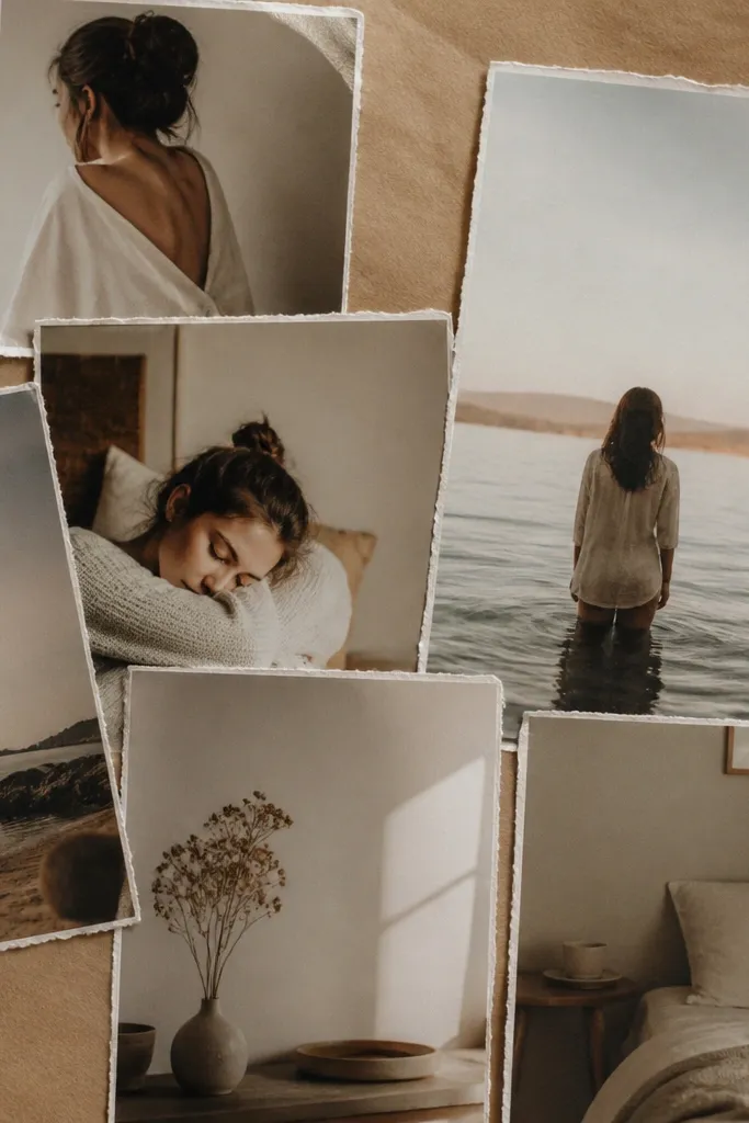 Photos bordered by kraft paper with torn edges, arranged in a warm cluster