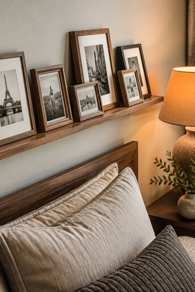 A small wooden ledge holding several mini frames lined up