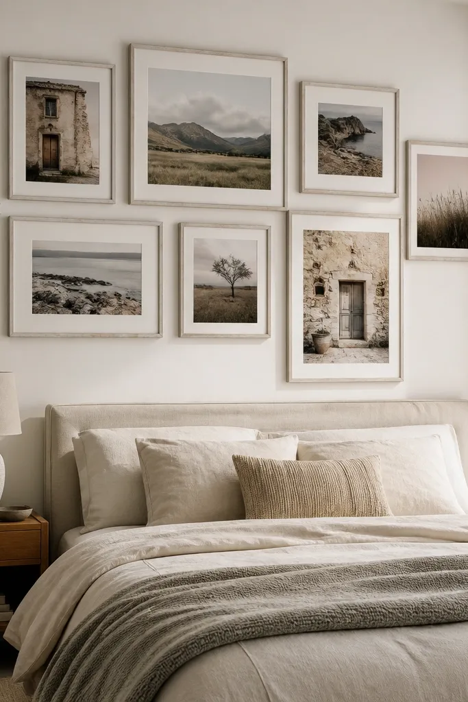 Whitewashed frames in staggered rectangles across a bedroom wall