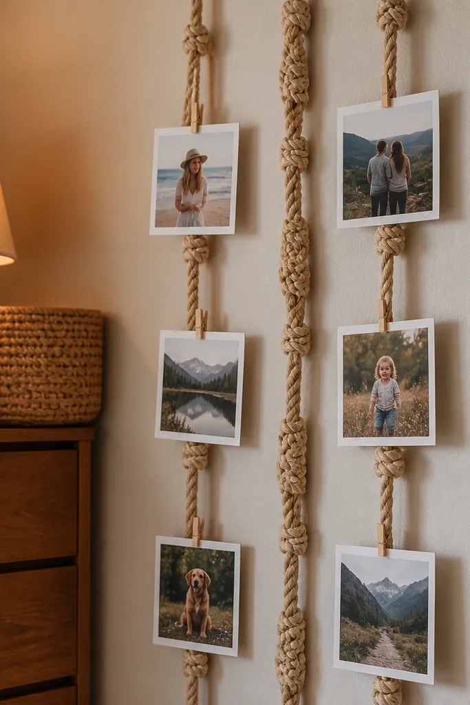 Macramé string with small clips holding photos in a vertical line