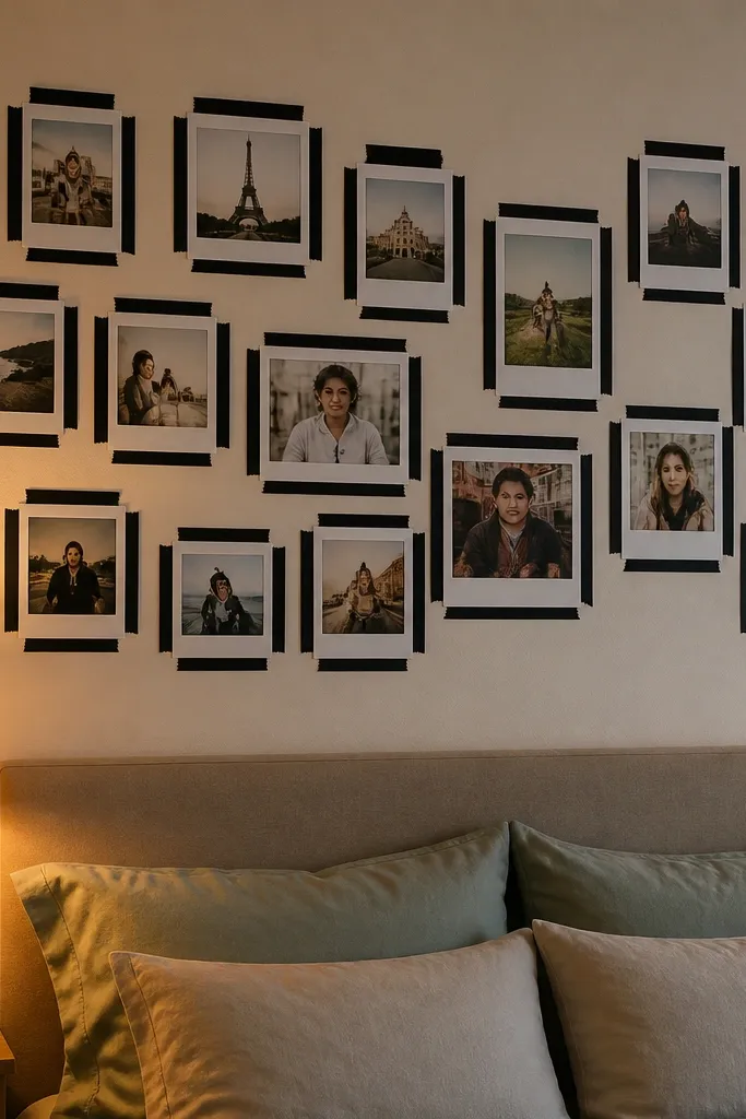 Polaroid-style photos with consistent black tape borders arranged on a wall