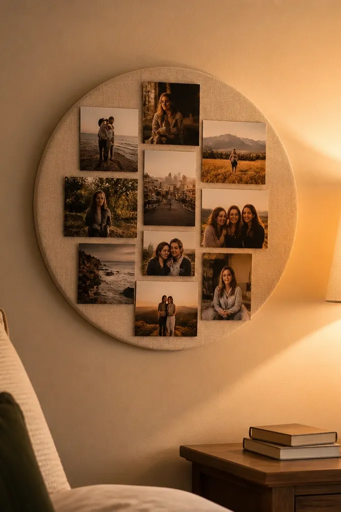 Photos arranged in a circle on a fabric circle backing