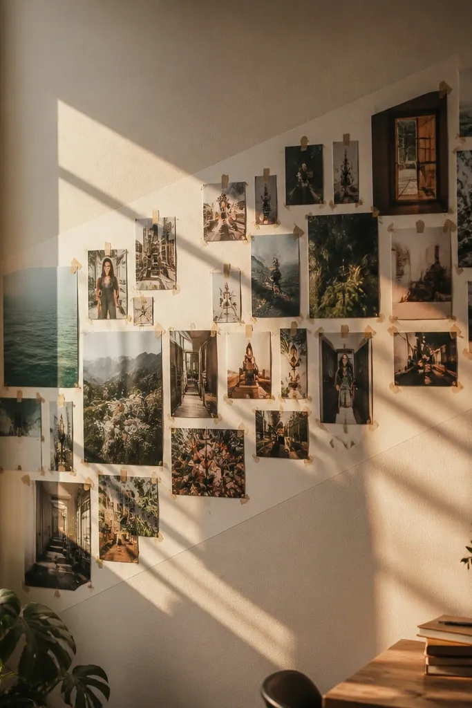 Photos arranged diagonally across a wall with a consistent 3-inch margin border