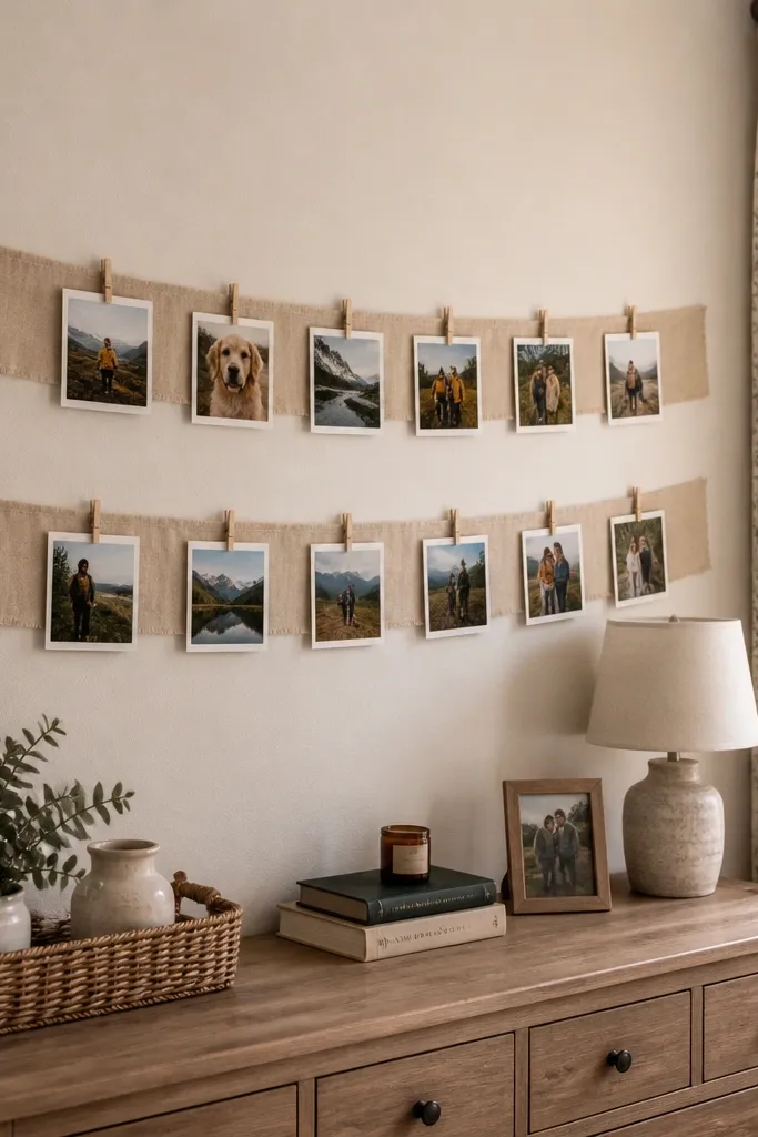 Fabric banner with squares pinned in rows
