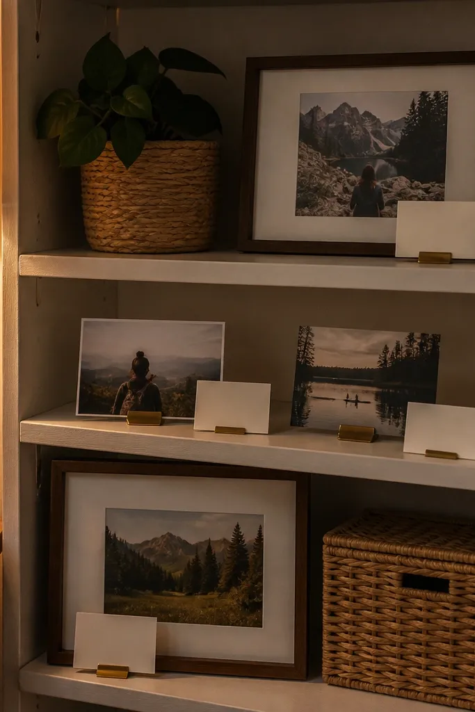 Photos mounted on a small shelf with label cards beneath each
