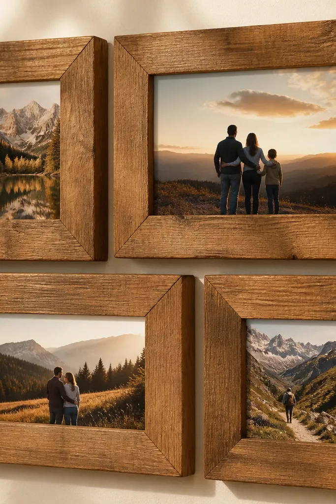 Small reclaimed wood frames holding photos in a grid pattern