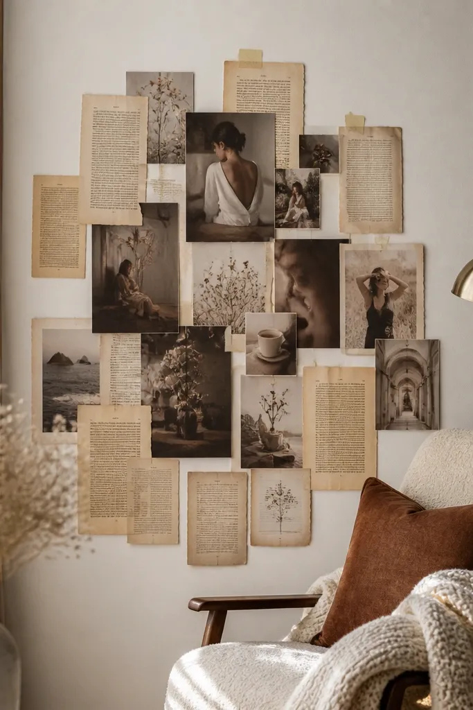 Photos mounted on a collage backing made from vintage book pages