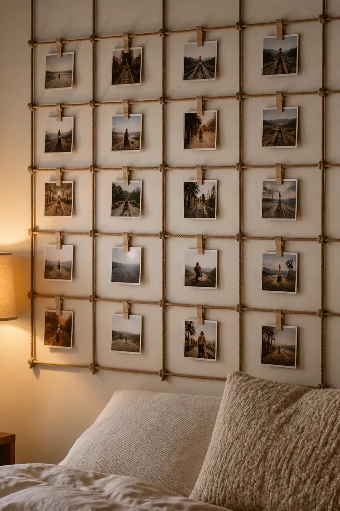 Rope grid on the wall holding small tabs with cloth pins