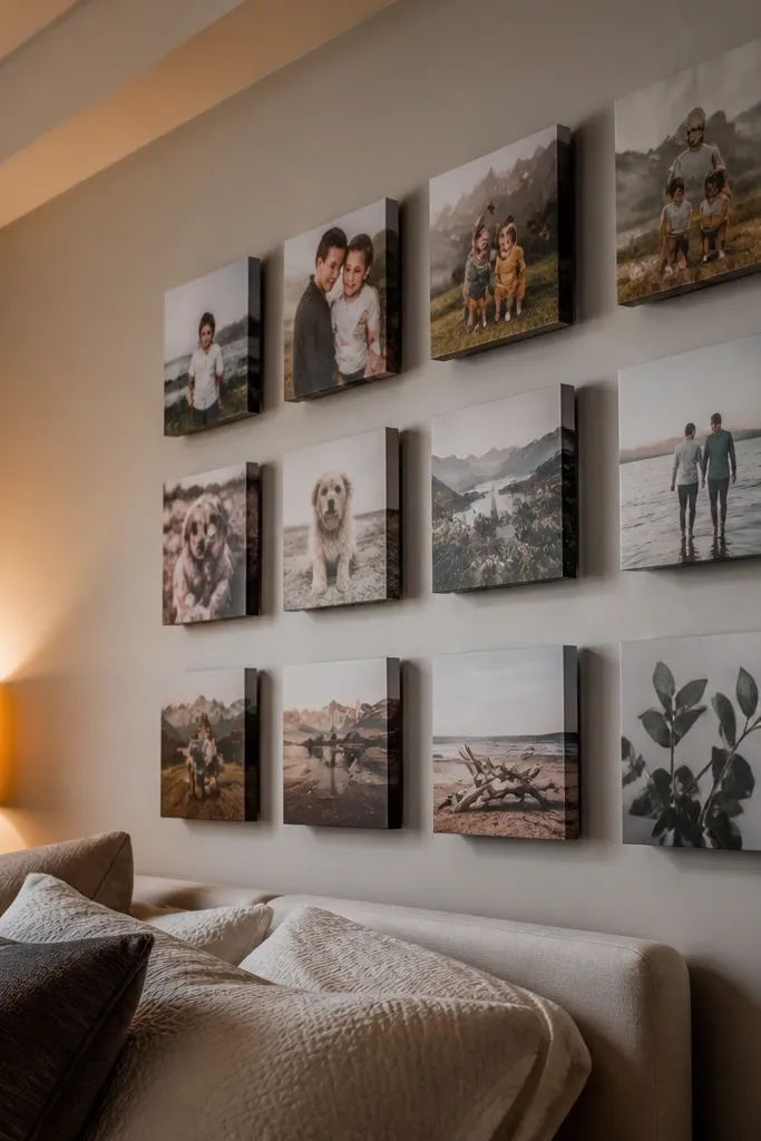 Small matte acrylic blocks holding photos with soft shadowed spacing
