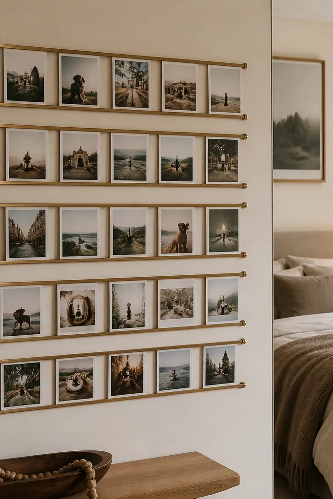 Warm-colored magnetic rails holding photos in neat rows